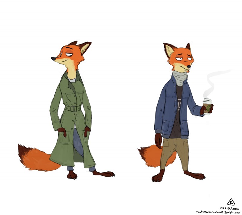 anthro autumn beverage bottomwear clothed clothing coat coffee coffee_cup container cup fur hand_in_pocket hands_in_both_pockets holding_object jacket looking_away male open_clothing open_jacket open_topwear orange_body orange_fur pants pockets scarf shirt simple_background solo standing t-shirt text topwear trenchcoat white_background winter thatotherwhaleoil disney zootopia nick_wilde canid canine fox mammal red_fox true_fox 2016 absurd_res english_text hi_res signature