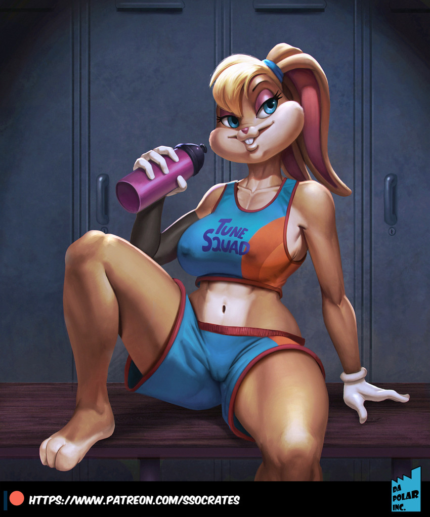 anthro blonde_hair blue_eyes bottle breasts camel_toe clothed clothing container female hair half-closed_eyes holding_bottle holding_container holding_object inside locker locker_room narrowed_eyes nipple_outline shirt sitting smile solo spread_legs spreading tank_top teeth text text_on_clothing text_on_shirt text_on_tank_top text_on_topwear thick_thighs topwear wide_hips da_polar_inc looney_tunes space_jam space_jam:_a_new_legacy warner_brothers lola_bunny lagomorph leporid mammal rabbit english_text hi_res url