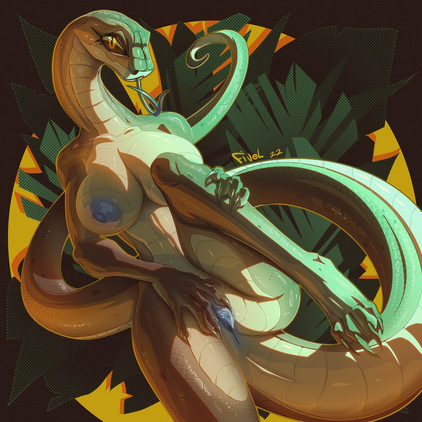 5_fingers abstract_background anthro areola bedroom_eyes big_breasts blue_areola blue_insides blue_nipples blue_pussy blue_tongue breasts brown_body brown_scales claws female fingers forked_tongue genitals green_body green_scales green_sclera hairless long_neck long_tail long_tongue looking_at_viewer lying narrowed_eyes nipples non-mammal_breasts non-mammal_nipples nude pussy scales seductive solo spread_pussy spreading tail tongue tongue_out unusual_insides yellow_eyes fivel opal_(tacticool_dad) reptile scalie snake 1:1 2022 digital_media_(artwork) hi_res