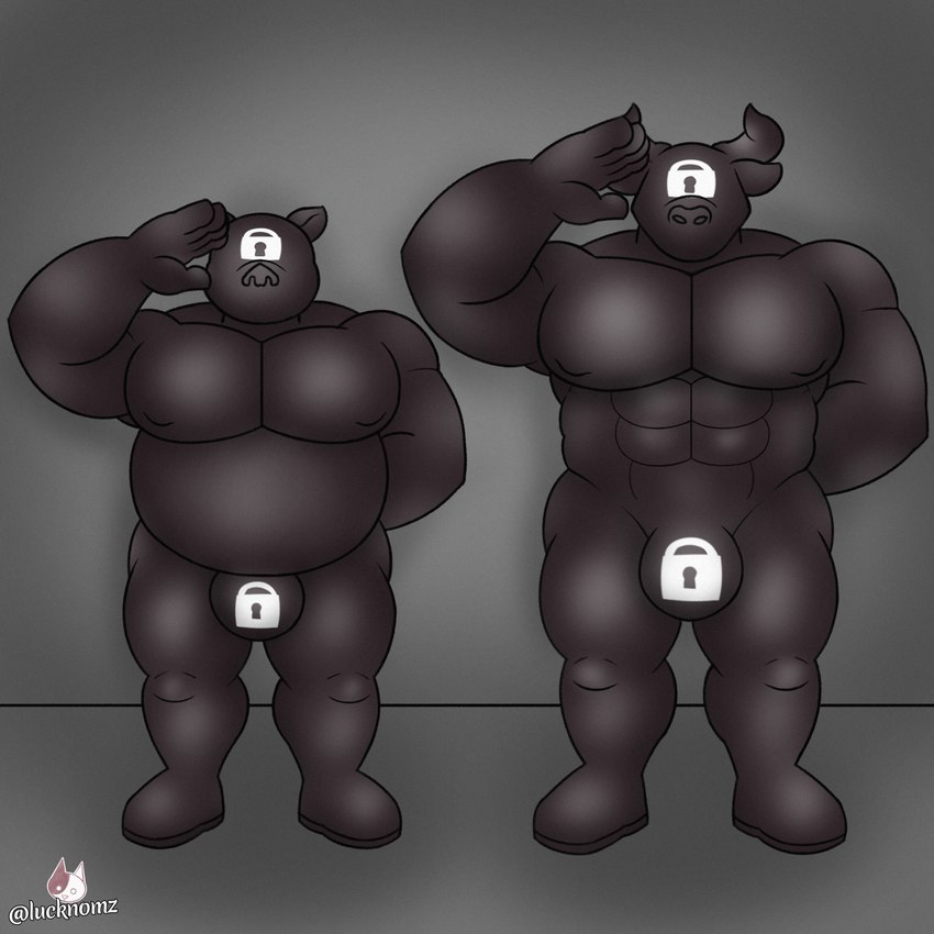 anthro barazoku clothing corruption drone duo gesture horn hypnosis latex latex_clothing latex_skinsuit lock_bulge lock_symbol male male/male mask mind_control multiple_subs muscular muscular_male muscular_sub null_bulge overweight overweight_male pecs salute skinsuit submissive tight_clothing lucknomz lifewonders tokyo_afterschool_summoners ganglie_(tas) gyumao_(tas) bovid bovine cattle mammal suina 1:1 hi_res