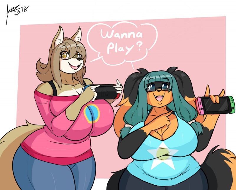 dialogue duo electronics eyewear female game_console glasses text jwinkz nintendo nintendo_switch cheyenne_(inu-dono) zoey_(jwinkz) canid canine canis coyote domestic_dog mammal absurd_res english_text hi_res