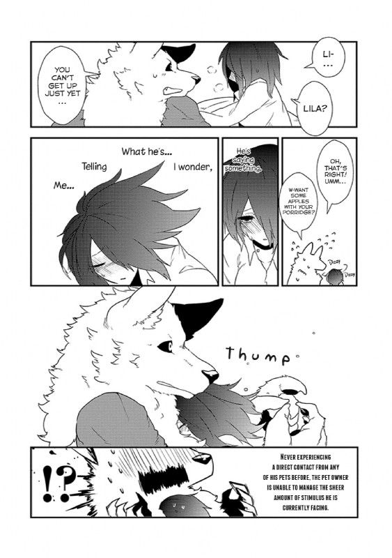 anthro clothing dialogue female fur ill kemono male text young yakantuzura lila_(kashiwagi_aki) zinovy canid canine canis human mammal wolf comic english_text hi_res monochrome translated