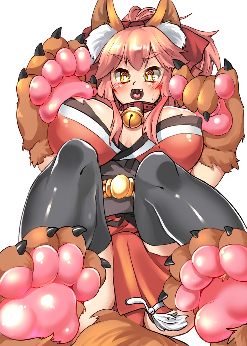 asian_clothing bell bell_collar big_breasts black_clothing black_legwear black_thigh_highs blush breasts brown_body brown_fur claws clothed clothing collar cute_fangs east_asian_clothing fangs female fur hair huge_breasts inner_ear_fluff japanese_clothing kimono legwear light_body light_skin open_mouth pawpads pink_hair red_bow red_clothing red_kimono simple_background solo teeth thigh_highs tongue tuft white_background yellow_eyes chaora fate_(series) type-moon berserker_tamamo_cat caster_tamamo-no-mae animal_humanoid canid canid_humanoid canine canine_humanoid fox fox_humanoid humanoid mammal mammal_humanoid digital_media_(artwork) hi_res