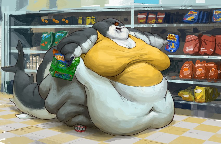 ambiguous_gender anthro belly big_belly big_breasts bottomwear breasts carton chip_bag clothed clothing eyewear fat_rolls female flip_flops floor food footwear furgonomics furry-specific_piercing grey_body grey_skin groceries grocery_store holding_bag holding_food holding_object huge_belly immobile inside midriff morbidly_obese morbidly_obese_anthro morbidly_obese_female navel obese obese_anthro obese_female open_mouth overweight overweight_anthro overweight_female pants partially_clothed piercing sandals shelf shirt shoes shopping solo standing store sunglasses tail tail_piercing tank_top tile tile_floor topwear white_body white_skin cettus fish marine shark 2021 hi_res