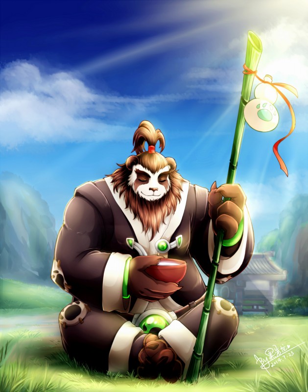 anthro biped black_body black_fur detailed_background eyes_closed fur humanoid_hands male outside overweight overweight_anthro overweight_male sitting solo white_body white_fur warlocknyan blizzard_entertainment warcraft bear mammal pandaren 2014 absurd_res hi_res