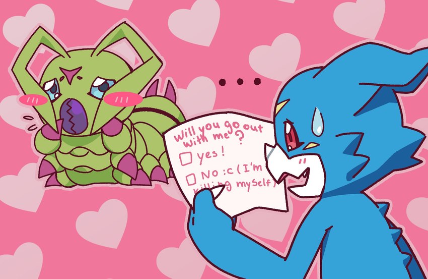 antennae_(anatomy) anthro blue_body blue_eyes blush duo feral green_body holidays humor male male/male mandibles red_eyes segmented_body threatening_suicide deoxysloid bandai_namco digimon valentine's_day digimon_(species) veemon wormmon hi_res