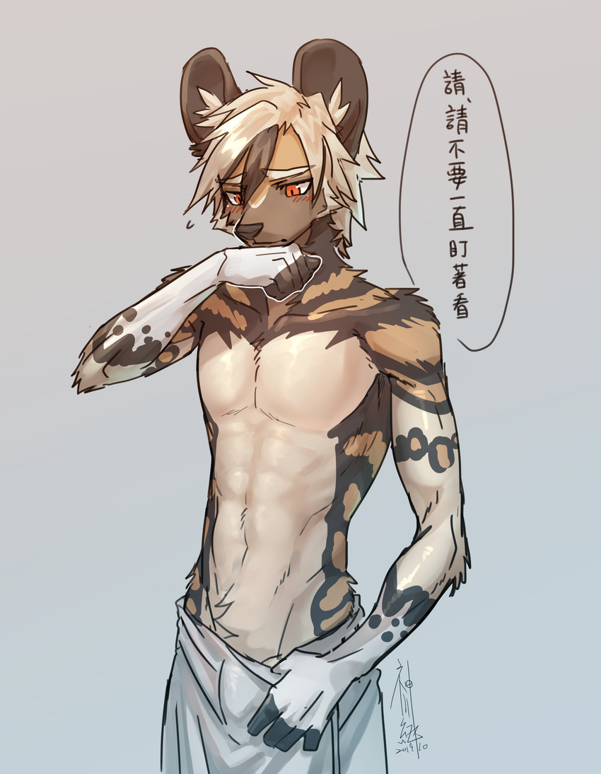 abs anthro athletic athletic_anthro athletic_male blush bulge clothed clothing crotch_tuft embarrassed fingerless_(marking) fingerless_gloves_(marking) gloves_(marking) hair inner_ear_fluff male markings orange_eyes solo standing text topless towel towel_only tuft akiya-kamikawa african_wild_dog canid canine mammal absurd_res hi_res japanese_text translated