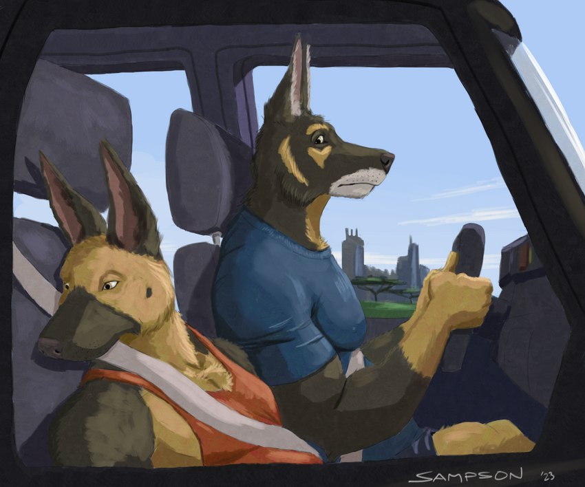 anthro black_nose bottomwear brown_body brown_fur car car_interior clothed clothing driving duo fur humanoid_hands inside_car inside_vehicle male motor_vehicle shirt shorts t-shirt tank_top topwear vehicle sampsonwoof marcus_leo_varro rex_varro canid canine canis domestic_dog german_shepherd herding_dog mammal pastoral_dog 2023 6:5 signature story story_in_description nephew_(lore) uncle_(lore) uncle_and_nephew_(lore)