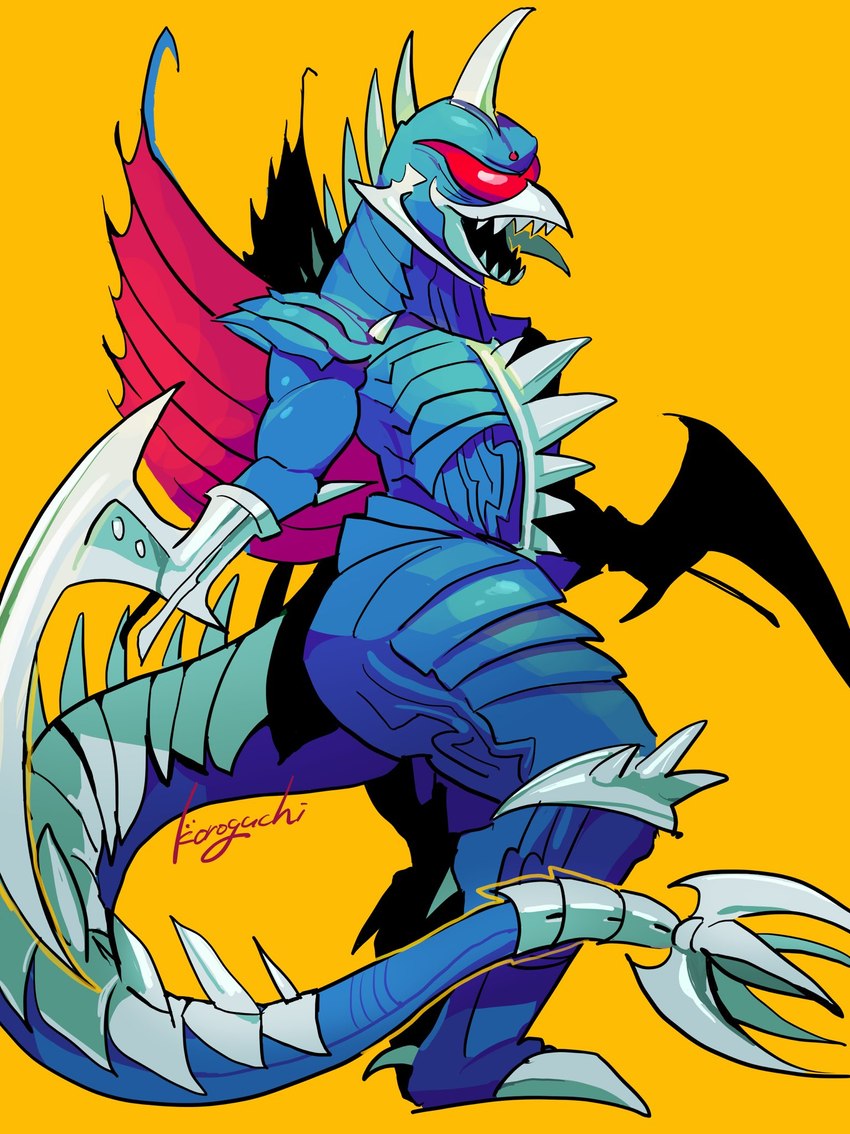 ambiguous_gender anthro beak biped blade_arm blue_body blue_skin cybernetics hook hook_hand machine melee_weapon membrane_(anatomy) membranous_wings open_mouth prosthetic prosthetic_arm prosthetic_limb red_membrane sharp_teeth simple_background solo spiked_tail spikes spikes_(anatomy) standing tail teeth weapon weapon_arm wings yellow_background koroguchi godzilla_(series) toho gigan alien cyborg kaiju monster 2019 hi_res signature unavailable_at_source