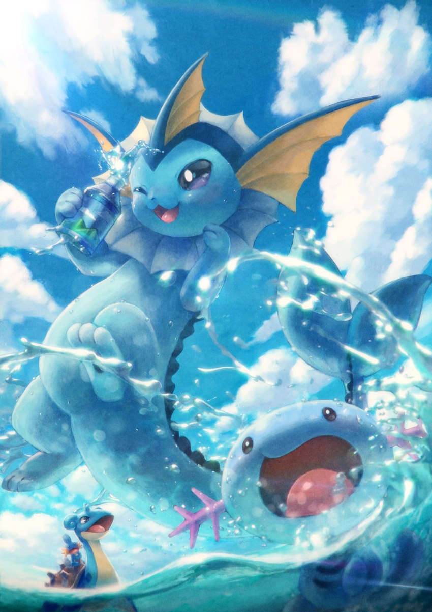 ambiguous_gender black_eyes blue_body bottle cloud container detailed_background feral frutiger_aero glistening glistening_eyes one_eye_closed open_mouth pink_tongue realistic_lighting realistic_shading sky smile sunny tail tongue water water_bottle wink toycat nintendo pokemon eeveelution generation_1_pokemon generation_2_pokemon generation_3_pokemon lapras mudkip pokemon_(species) vaporeon wooper 1:1 2016 blue_theme cool_colors hi_res shaded