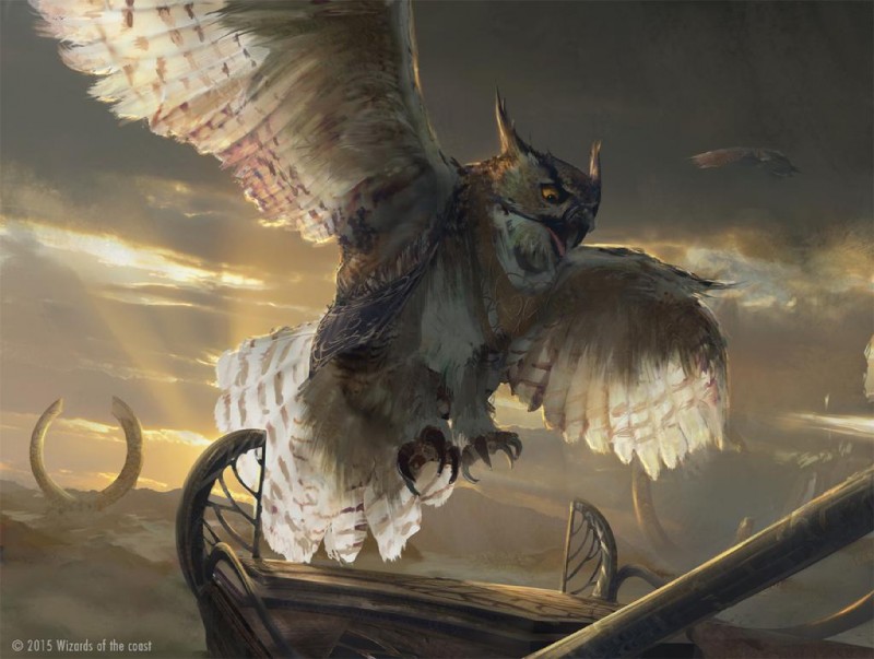 backlighting beak dutch_angle feathered_wings feathers feet feral flying landing landscape light looking_down solo spread_wings talons toes wings titus_lunter hasbro magic:_the_gathering wizards_of_the_coast avian bird owl lighting official_art restricted_palette