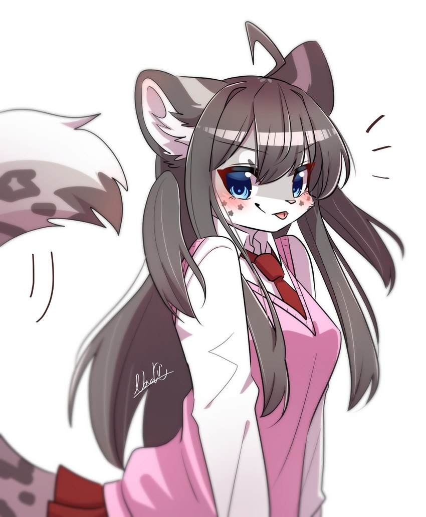 anthro blue_eyes blush bottomwear breasts brown_hair clothed clothing ear_tuft female female_anthro fluffy fluffy_tail fur grey_body grey_fur hair kemono long_hair long_sleeves looking_at_viewer markings medium_breasts necktie pink_clothing pink_topwear pink_vest red_bottomwear red_clothing red_necktie red_skirt shirt simple_background skirt solo standing star_(marking) tail tail_under_skirt tongue tongue_out topwear tuft vest white_background white_clothing white_shirt white_topwear nachiwanko snow_leopard_(nachiwanko) felid mammal pantherine snow_leopard 2021 hi_res