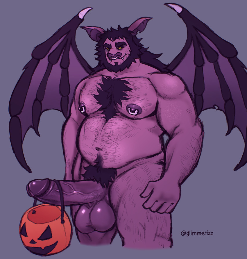 anthro balls bat_ears beard big_balls big_penis body_hair chest_hair chest_tuft dark_hair erection facial_hair facial_piercing fangs foreskin fur genitals glans hair halloween_decoration happy_trail holidays humanoid_genitalia humanoid_penis long_hair male musclegut muscular muscular_male navel nose_piercing nose_ring nude nude_anthro nude_male pecs penis piercing pubes ring_piercing simple_background smile solo spread_wings teeth tuft vein veiny_penis wings yellow_sclera glimmerizz halloween glimmer_(glimmerizz) bat mammal microbat yangochiropteran absurd_res hi_res