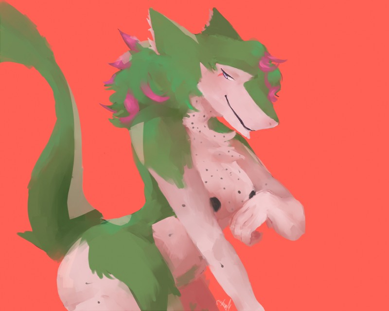 anthro blue_eyes breasts dots female fur green_body green_fur green_hair hair nipples nude pink_hair simple_background solo tail maceduu vaptvulpe mel_lancia sergal 2019 digital_media_(artwork) hi_res