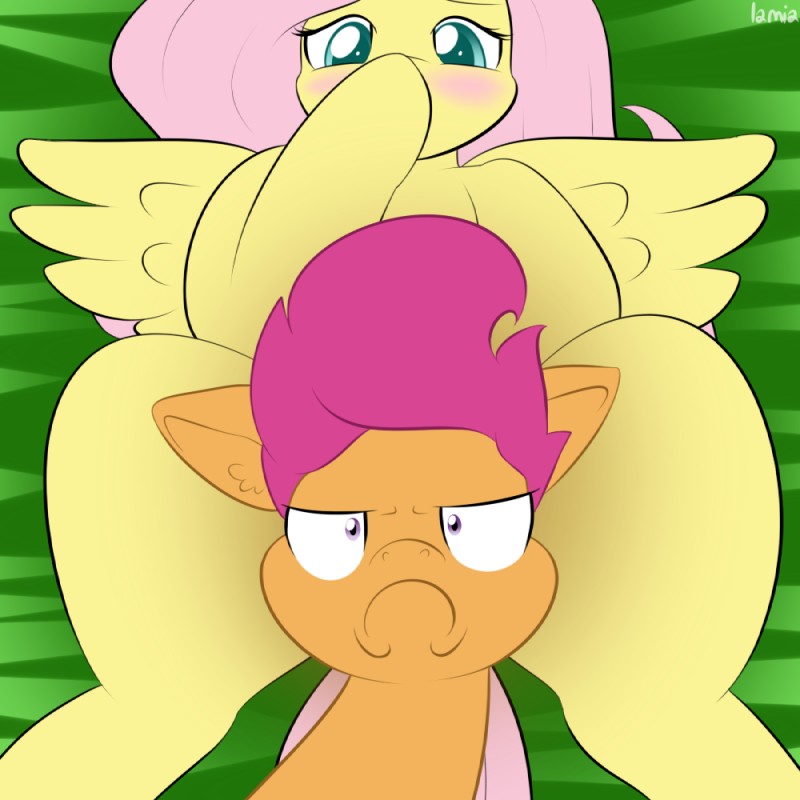 blue_eyes blush cockblock denied duo feathered_wings feathers female feral frown fur hair looking_at_viewer orange_body orange_fur pink_hair purple_eyes purple_hair spread_legs spreading wings yellow_body yellow_feathers yellow_fur lamiaaaa friendship_is_magic hasbro my_little_pony mythology fluttershy_(mlp) scootaloo_(mlp) equid equine horse mammal mythological_creature mythological_equine pegasus pony 1:1 2014 digital_media_(artwork)