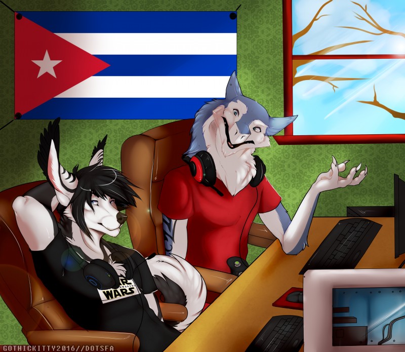 anthro blue_eyes chair cloth clothed clothing computer controller cuba cuban_flag desk duo ear_piercing electronics flag flag_(object) flag_on_wall fur furniture game_controller gaming hair headgear headphones headset keyboard logo_print male piercing plant print_clothing print_shirt print_t-shirt print_topwear seats shirt shirt_logo sitting t-shirt table tail tattoo text text_on_clothing text_on_shirt text_on_t-shirt text_on_topwear text_print tongue topwear tree dotsfa star_wars ark_dedran derden canid canine canis domestic_dog husky hybrid jex mammal nordic_sled_dog sergal spitz 2016 absurd_res digital_media_(artwork) hi_res