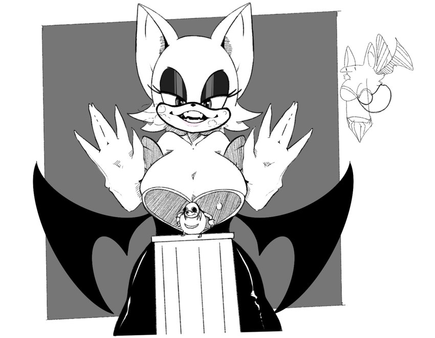 anthro bedroom_eyes big_breasts breasts breath cleavage clothed clothing eyeshadow female makeup male narrowed_eyes seductive wings florkofcows sega sonic_the_hedgehog_(series) ugandan_knuckles knuckles_the_echidna rouge_the_bat bat echidna mammal monotreme 2023 black_and_white hi_res meme monochrome