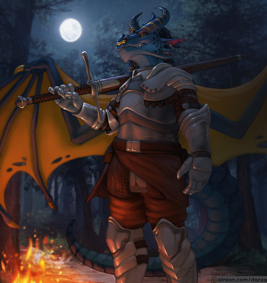 anthro armor campfire fire male melee_weapon moon night patreon_logo plating quest scaled solo sword tail text weapon wings conditional_dnp danza mythology patreon dragon mythological_creature mythological_scalie scalie english_text hi_res url