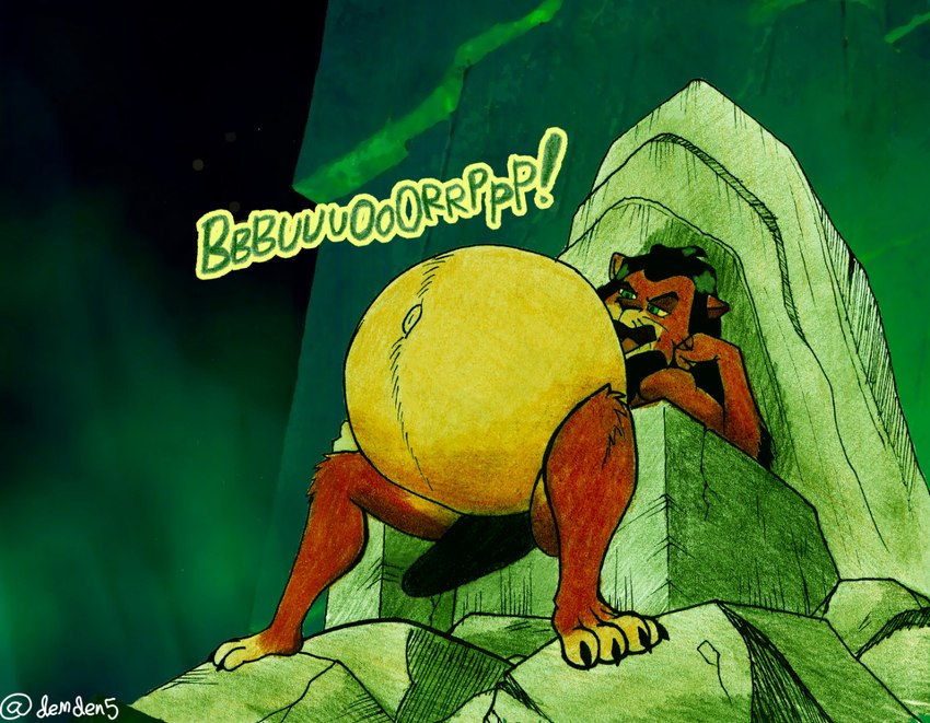 anthro belly big_belly bulge burping chair clothed clothing erection erection_under_clothing fully_inside furniture green_eyes male male_pred navel open_mouth oral_vore outie_navel pregnant pregnant_anthro pregnant_male sitting tenting throne underwear vore phantrieux disney the_lion_king scar_(the_lion_king) felid lion mammal pantherine traditional_media_(artwork)