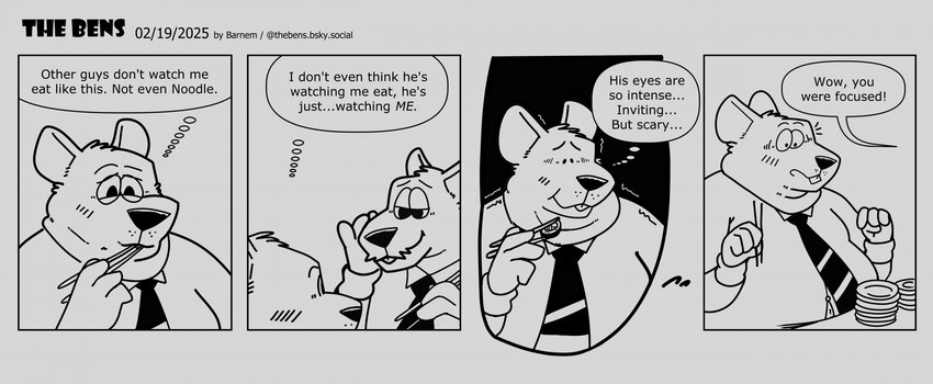 anthro belly big_belly blush clothing dialogue duo eating food male necktie overweight overweight_male shirt solo sushi text topwear barnem mammal murid murine rat rodent 2025 comic english_text hi_res monochrome