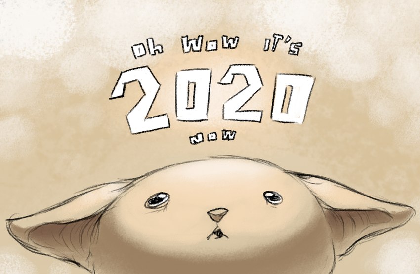 ambiguous_gender anthro black_eyes ears_down holidays looking_up pivoted_ears simple_background solo tan_background text jubb new_year new_year_2020 jubb_(character) mammal 2020 english_text