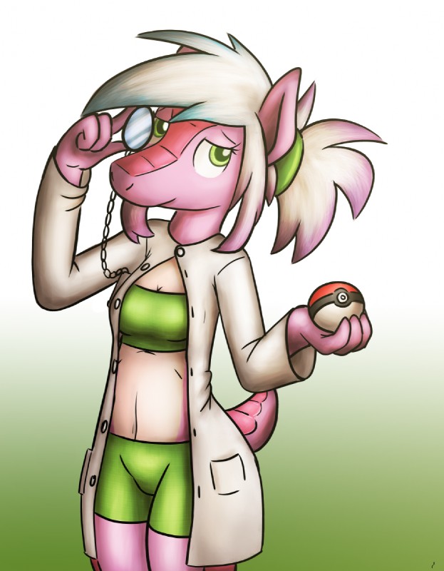 abs anthro biped bra breasts clothed clothing coat eyewear female fur green_eyes hair holding_eyewear holding_object holding_pokeball lab_coat monocle navel pink_body pink_fur pokeball simple_background smile solo standard_pokeball standing topwear underwear tg-0 nintendo pokemon satch armadillo mammal pink_fairy_armadillo xenarthran hi_res