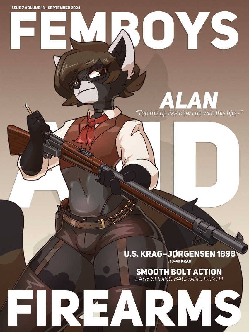 anthro belt bulge cropped_topwear eyewear garter_straps glasses gun male ranged_weapon rifle solo text thick_thighs weapon marcus_gray alain_the_raccoon_(softthaicat) species_request 3:4 cover english_text hi_res magazine_cover