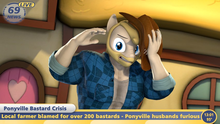 anthro beard clothed clothing facial_hair hat headgear headwear humor infidelity male news news_report open_clothing open_shirt open_topwear profanity shirt solo text topwear undershirt bonkieblues farmstud_chase 69_news hasbro my_little_pony chase_(mlp) draft_horse earth_pony equid equine horse mammal pony 16:9 3d_(artwork) digital_media_(artwork) english_text hi_res source_filmmaker_(artwork) widescreen