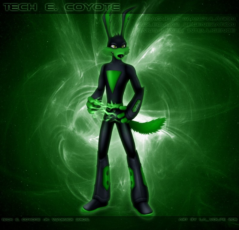 anthro bodysuit clothing green_eyes male skinsuit solo space superhero superpowers text tight_clothing toony la_volpe loonatics_unleashed looney_tunes warner_brothers tech_e._coyote canid canine canis coyote mammal hi_res