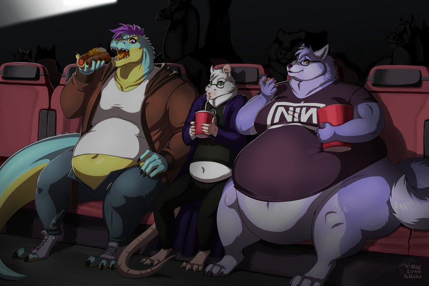 anthro belly big_belly chair clothed clothing detailed_background digitigrade eating food fully_clothed furniture hair hot_dog huge_belly male morbidly_obese morbidly_obese_male movie_theater obese obese_male on_chair overweight overweight_male purple_hair sitting sitting_on_chair tail biglovealicia canid canine canis lizard mammal murid murine rat reptile rodent scalie wolf 2023 cel_shading hi_res shaded signature