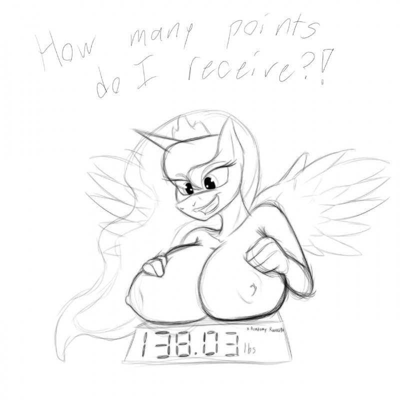 anthro anthrofied big_breasts breast_weighing breasts crown dialogue feathered_wings feathers female hair headgear horn nipples nude simple_background solo text weighing_scale white_background wings jrvanesbroek friendship_is_magic hasbro my_little_pony mythology princess_luna_(mlp) equid equine mammal mythological_creature mythological_equine winged_unicorn 1:1 2013 black_and_white digital_drawing_(artwork) digital_media_(artwork) english_text hi_res monochrome sketch