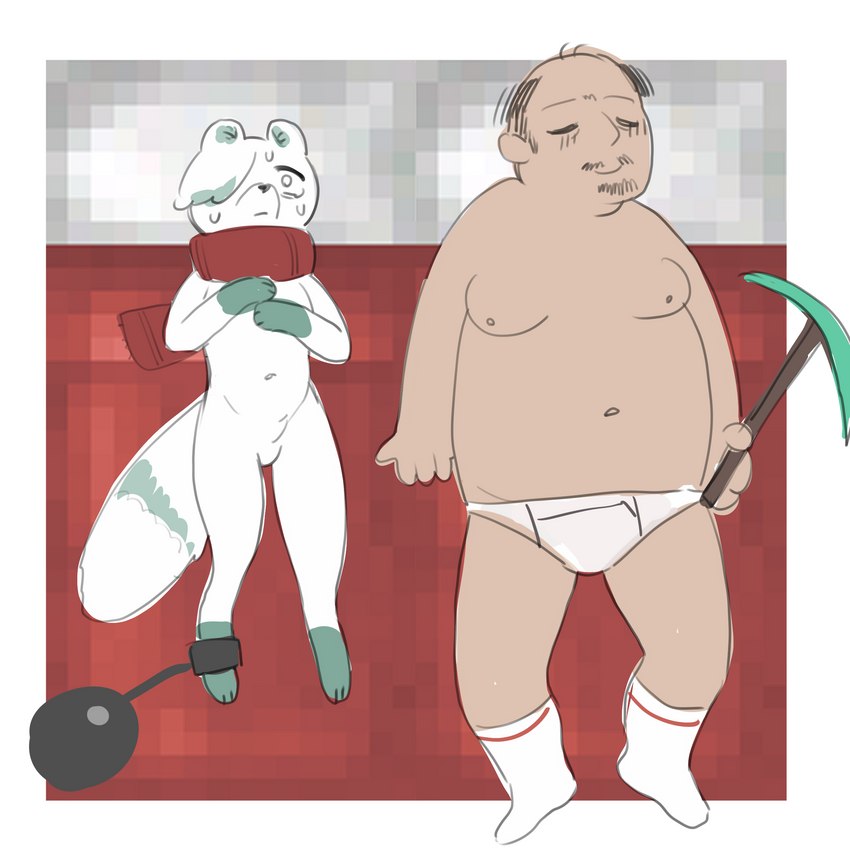 anthro bald ball_and_chain beady_eyes beard bed bodily_fluids clothing diamond_pickaxe duo facial_hair female footwear fur furniture grey_markings hands_together high-angle_view kidnapping light_body light_skin lying male male/female markings moobs mostly_nude obese on_back overweight pickaxe red_scarf scarf simple_background slave sleeping socks sweat ugly_bastard underwear victim white_background white_body white_fur worried young young_anthro young_female nijocest microsoft minecraft mojang xbox_game_studios daniela_(akubon) arctic_fox canid canine fox human mammal true_fox villager_(minecraft) absurd_res hi_res