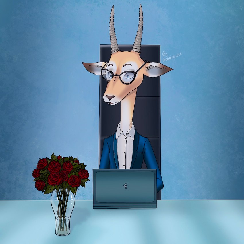 business_suit clothing computer electronics eyewear female flower glasses holidays horn laptop plant receptionist short_story solo suit fedrikoganz illumination_entertainment sing_(movie) valentine's_day karen_(sing) antelope bovid mammal 1:1 hi_res