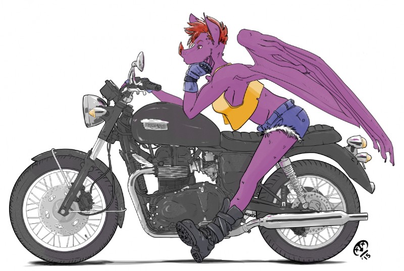 anthro boots breasts clothed clothing female fingerless_gloves footwear gloves handwear membrane_(anatomy) membranous_wings motorcycle shoes side_boob simple_background solo undercut vehicle white_background wings underscore_b kiri kiribat bat mammal