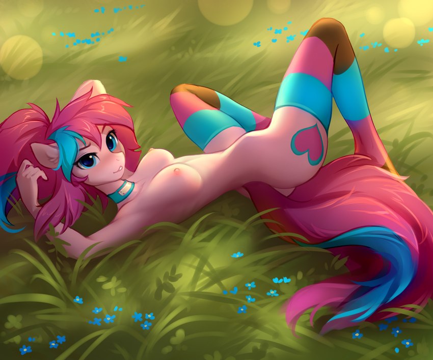 anthro breasts choker clothing female field flower grass jewelry legwear legwear_only looking_at_viewer lying mostly_nude necklace nipples nude on_back plant solo spread_legs spreading stockings stockings_only tomatocoup hasbro my_little_pony earth_pony equid equine horse mammal pony 6:5 digital_media_(artwork) hi_res shaded