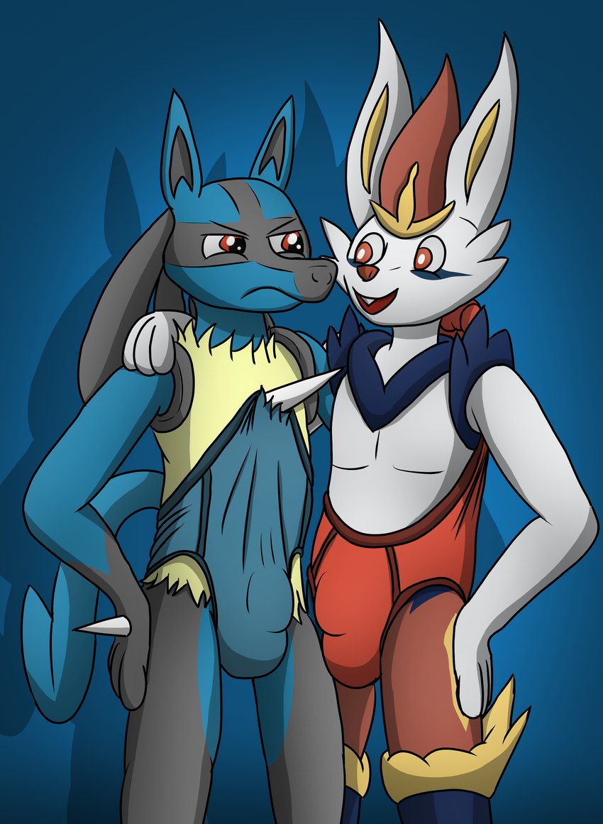 annoyed anthro briefs briefs_pull bulge clothing clothing_pull cock_and_ball_torture detailed_bulge duo frontal_wedgie genital_torture hand_on_hip hand_on_shoulder male male/male side_hug smile standing stretched_clothing underwear underwear_pull wedgie tacomytaco nintendo pokemon cinderace generation_4_pokemon generation_8_pokemon lucario pokemon_(species) absurd_res hi_res