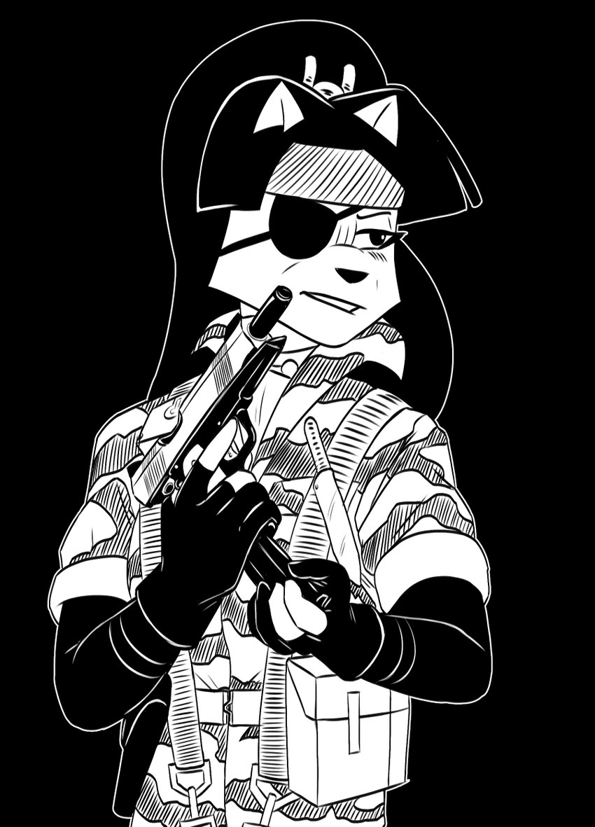 anthro clothed clothing cosplay eye_patch eyewear female fingers fur gun hair handgun holding_gun holding_object holding_ranged_weapon holding_weapon m1911 pistol ranged_weapon simple_background solo weapon callmewritefag konami metal_gear usagi_yojimbo chizu_(usagi_yojimbo) naked_snake domestic_cat felid feline felis mammal 2024 black_and_white digital_drawing_(artwork) digital_media_(artwork) hi_res monochrome