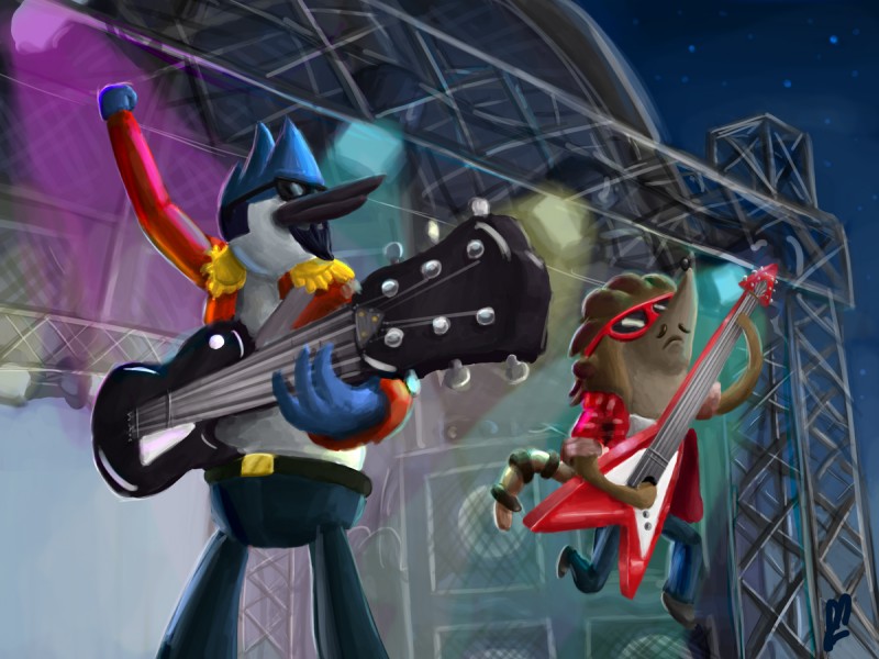 anthro beak duo eyewear guitar male musical_instrument playing_guitar playing_music plucked_string_instrument string_instrument sunglasses tail rodrigues404 cartoon_network regular_show mordecai_(regular_show) rigby_(regular_show) avian bird blue_jay corvid jay_(bird) mammal new_world_jay oscine passerine procyonid raccoon 4:3 hi_res