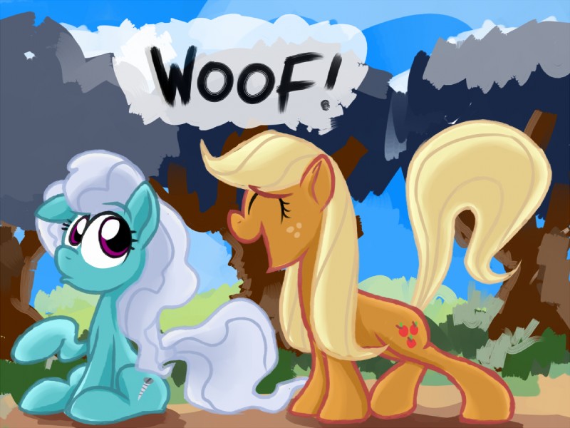 blonde_hair cutie_mark dialogue duo eyes_closed female feral freckles hair outside plant purple_eyes quadruped shrub tail text tree white_hair epulson friendship_is_magic hasbro my_little_pony applejack_(mlp) screw_loose_(mlp) earth_pony equid equine horse mammal pony 2013 4:3 english_text