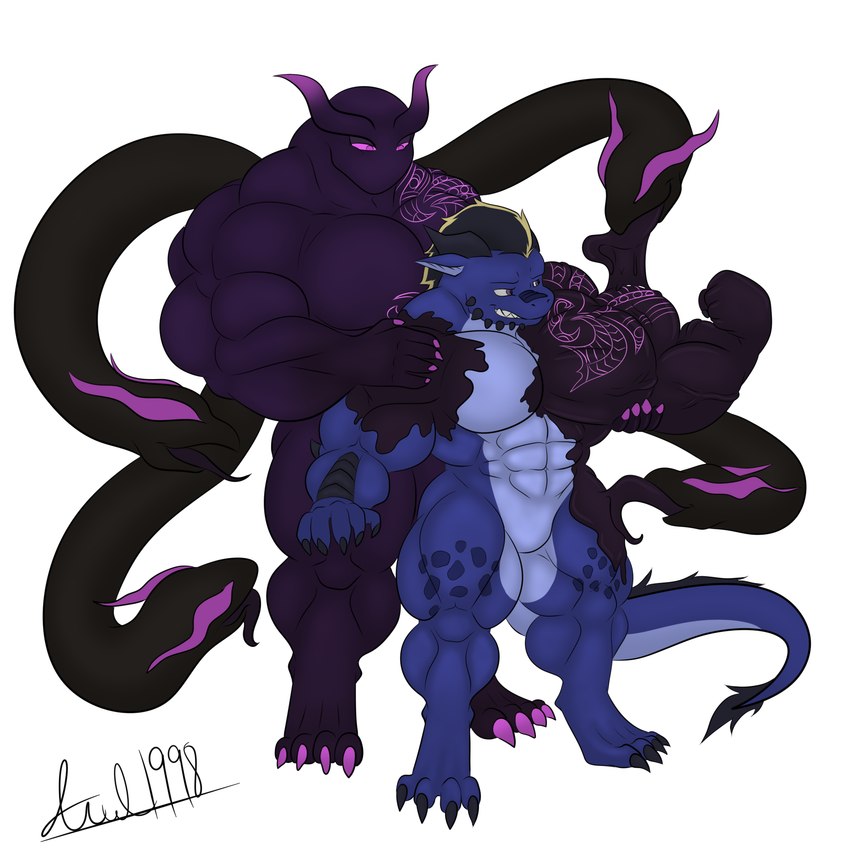 anthro beard biped blue_body claws corruption duo facial_hair finger_claws fist glowing goo_transformation growth horn male markings muscular muscular_anthro muscular_male nervous purple_body purple_eyes tail tail_mouth tentacles toe_claws touching_shoulder transformation unusual_anatomy unusual_tail kiuhkobold mythology psych_hydra sombreve dragon goo_creature mythological_creature mythological_scalie scalie 1:1 hi_res signature