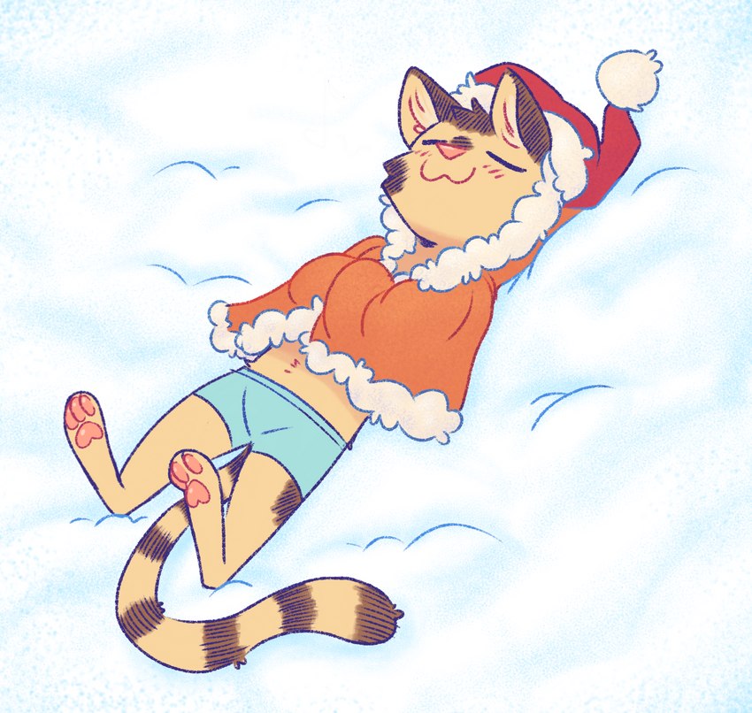 :3 ambiguous_gender anthro barefoot bedding belly_tuft biped blanket blush blush_lines boxer_briefs brown_body brown_ears brown_fur brown_spots brown_stripes cheek_tuft christmas_clothing christmas_headwear clothed clothing dipstick_tail eyes_closed facial_tuft feet fur hat head_tuft headgear headwear holidays inner_ear_fluff lying markings on_back pawpads pink_nose santa_hat sleeping snow solo spots striped_markings striped_tail stripes tail tail_markings tan_body tan_fur tuft underwear fuel_(artist) christmas ty_(appleseed) banded_linsang linsang mammal viverrid 2021 hi_res male_(lore)