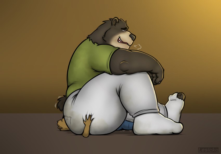 anthro big_butt big_dom_small_sub bodily_fluids butt butt_crush clothed clothing crush dominant duo facesitting footwear holding_butt huge_butt lying male male/male on_back sitting_on_another size_difference slightly_chubby slightly_chubby_anthro slightly_chubby_male socks sweat sweaty_bottomwear sweaty_butt sweaty_clothing sweaty_pants thick_thighs lesicko bear mammal absurd_res hi_res