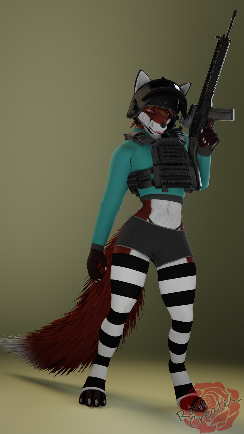 anthro armor assault_rifle bottomwear bulletproof_vest clothed clothing femboy footwear gun hair headgear helmet holding_object holding_weapon legwear licking licking_lips looking_at_viewer male open_mouth pants plate_carrier ranged_weapon rifle simple_background socks solo tail tongue tongue_out topwear weapon rosecreates kaiser_(rosecreates) canid canine canis fox mammal 3d_(artwork) 4k 9:16 absurd_res blender_(artwork) digital_media_(artwork) hi_res