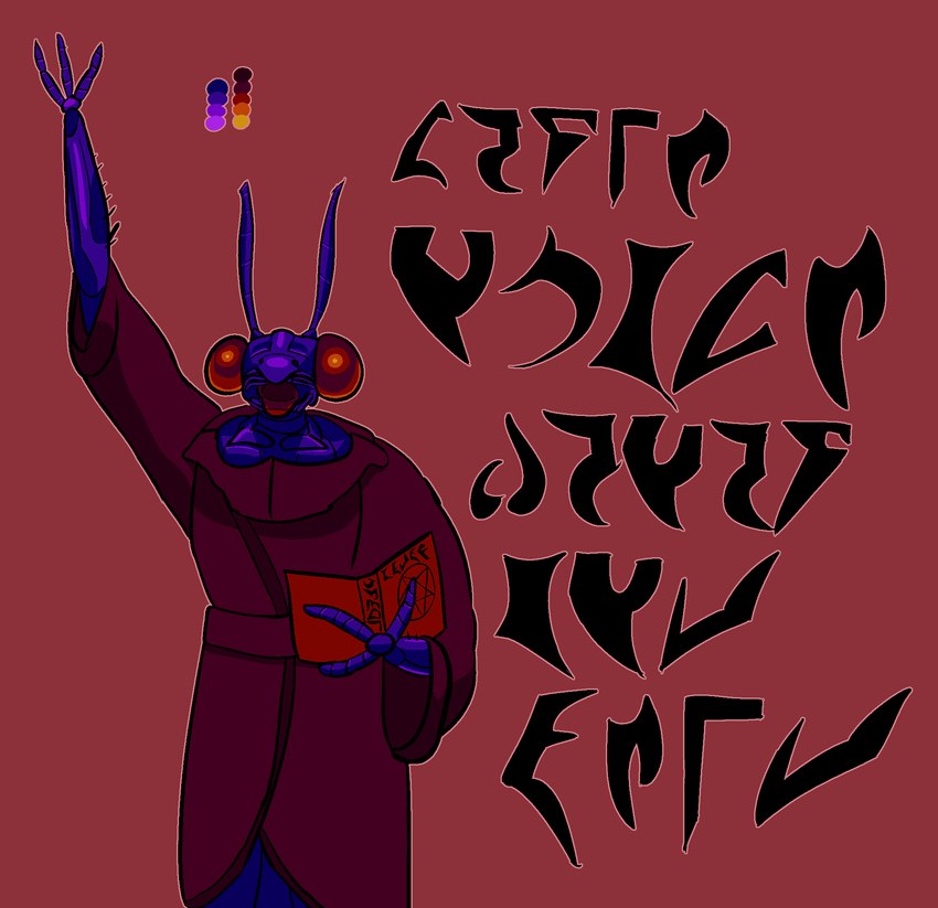 3_fingers antennae_(anatomy) anthro book clothing exoskeleton fingers inverted_pentacle male occult_symbol open_mouth pentacle purple_body purple_clothing purple_robe purple_skin raised_hand red_background red_book red_clothing red_eyes red_robe robe simple_background solo symbol text ada.tv cc0 creative_commons public_domain arthropod insect mantis digital_media_(artwork) hi_res krita_(artwork) shaded translated