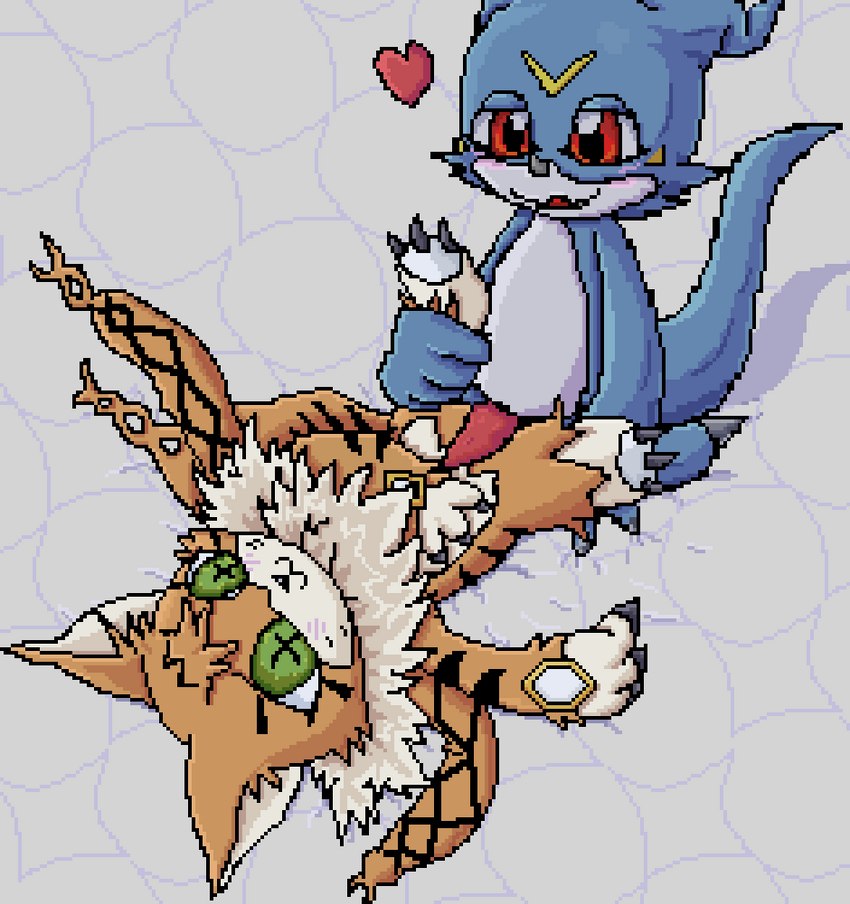 anthro bedding blanket blue_body claws duo eyes_closed fangs female feral fur genitals green_eyes heart_symbol imminent_sex looking_pleasured love male male/female orange_body orange_fur pawpads paws penis red_eyes scales sex teeth white_body white_fur lawealewd bandai_namco digimon digimon_adventure digimon_ghost_game mythology animal_humanoid digimon_(species) domestic_cat dragon dragon_humanoid felid feline felis humanoid maine_coon mammal meicoomon mythological_creature mythological_scalie reptile scalie scalie_humanoid veemon colored digital_media_(artwork) pixel_(artwork)