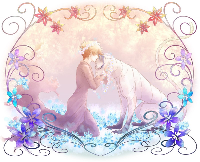 ambiguous_gender art_nouveau digitigrade duo female feral flower kneeling plant quadruped romantic romantic_ambiance romantic_couple tail unknown_artist bleach_(series) grimmjow_jaegerjaquez ichigo_kurosaki felid hollow_(bleach) human mammal pantherine hi_res