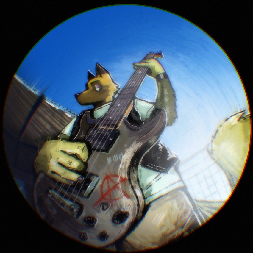 anarchy_symbol anthro biped brown_body brown_fur clothed clothing detailed_background fisheye_lens fur guitar half-closed_eyes looking_at_viewer male multicolored_body multicolored_fur musical_instrument narrowed_eyes outside plucked_string_instrument shirt solo string_instrument t-shirt tan_body tan_fur topwear wristband soulfullhyena animal_crossing nintendo kyle_(animal_crossing) canid canine canis mammal wolf 1:1