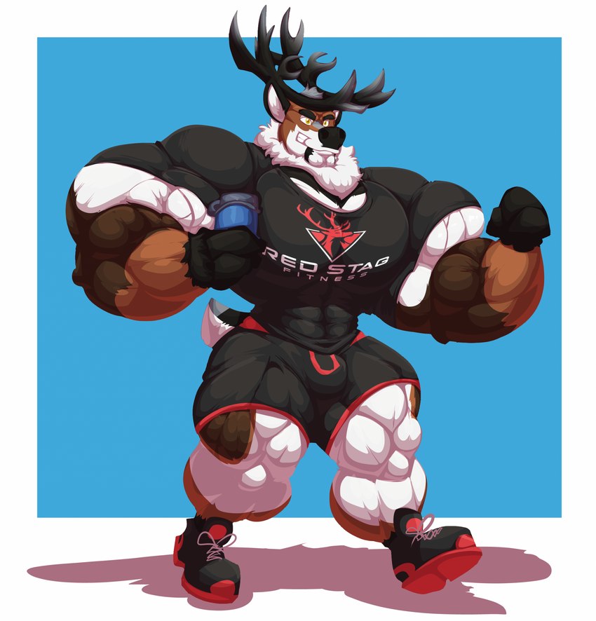 3_fingers anthro antlers big_muscles big_pecs bottomwear bulge clothing fingers footwear grin holding_object horn huge_muscles huge_pecs hyper hyper_muscles male muscular muscular_male pants pecs plantigrade shadow shirt shoes smile solo text text_on_clothing text_on_shirt text_on_topwear thermos topwear walking bobert deer mammal new_world_deer reindeer english_text hi_res