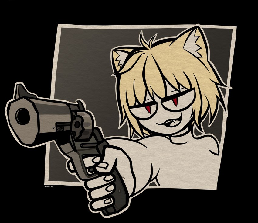 5_fingers :3 animal_ears black_background blonde_hair clothing fangs female fingers gun hair handgun inner_ear_fluff light_body light_skin noseless open_:3 outline pointing_gun pupils ranged_weapon red_eyes red_pupils revolver short_hair simple_background smug solo style_emulation sweater teeth text topwear tuft turtleneck weapon white_clothing white_inner_ear_fluff white_outline white_sweater white_topwear meowmei the_coffin_of_andy_and_leyley tsukihime type-moon ashley_graves neco-arc animal_humanoid cat_humanoid felid felid_humanoid feline feline_humanoid humanoid mammal mammal_humanoid 2023 artist_name crossover digital_drawing_(artwork) digital_media_(artwork) flat_colors half-length_portrait hi_res portrait signature