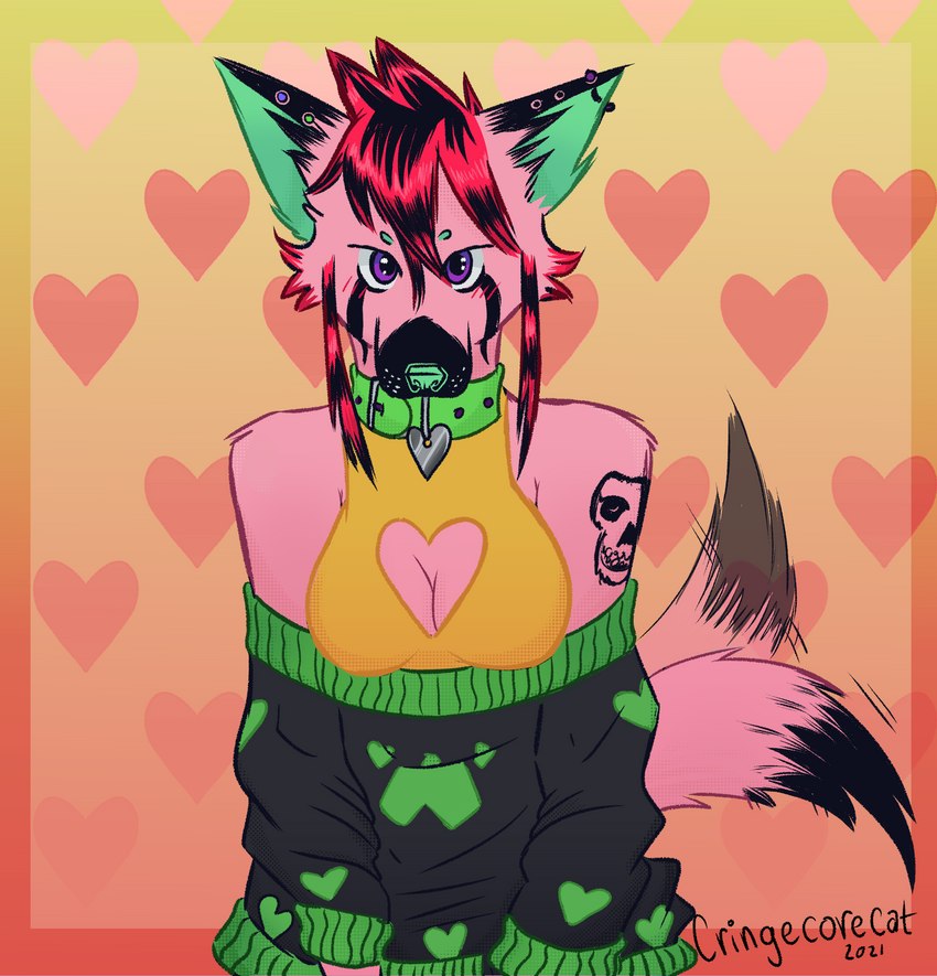 alternative alternative_fashion anthro arm_tattoo breasts cleavage cleavage_cutout clothed clothing collar coontail_hair cutout ear_tails emo female fur green_body green_fur hair heart_symbol muzzle_(object) neon piercing pink_body pink_fur punk red_hair scene_(fashion) screentone snout solo spiked_collar spikes spiky_hair sweater tail tail_motion tailwag tattoo topwear cringecorecat edith_(cringecorecat) canid canine canis domestic_dog mammal wolf 2021 absurd_res digital_media_(artwork) half-length_portrait hi_res portrait